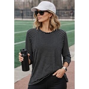 Lululemon Emerald Striped Long Sleeve Raglan Top Black White Activewear Shirt L